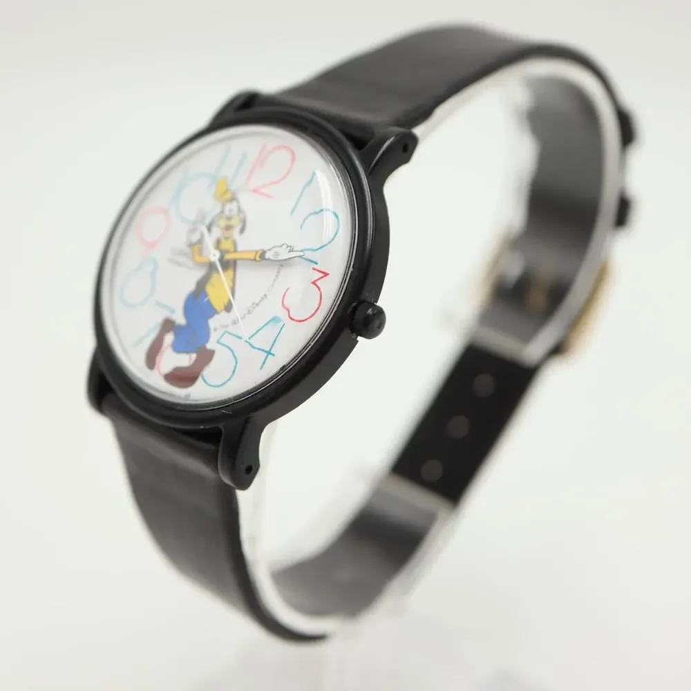 Vintage Lorus Seiko Disney Goofy 35mm Watch Black Leather V515-8030 New Battery